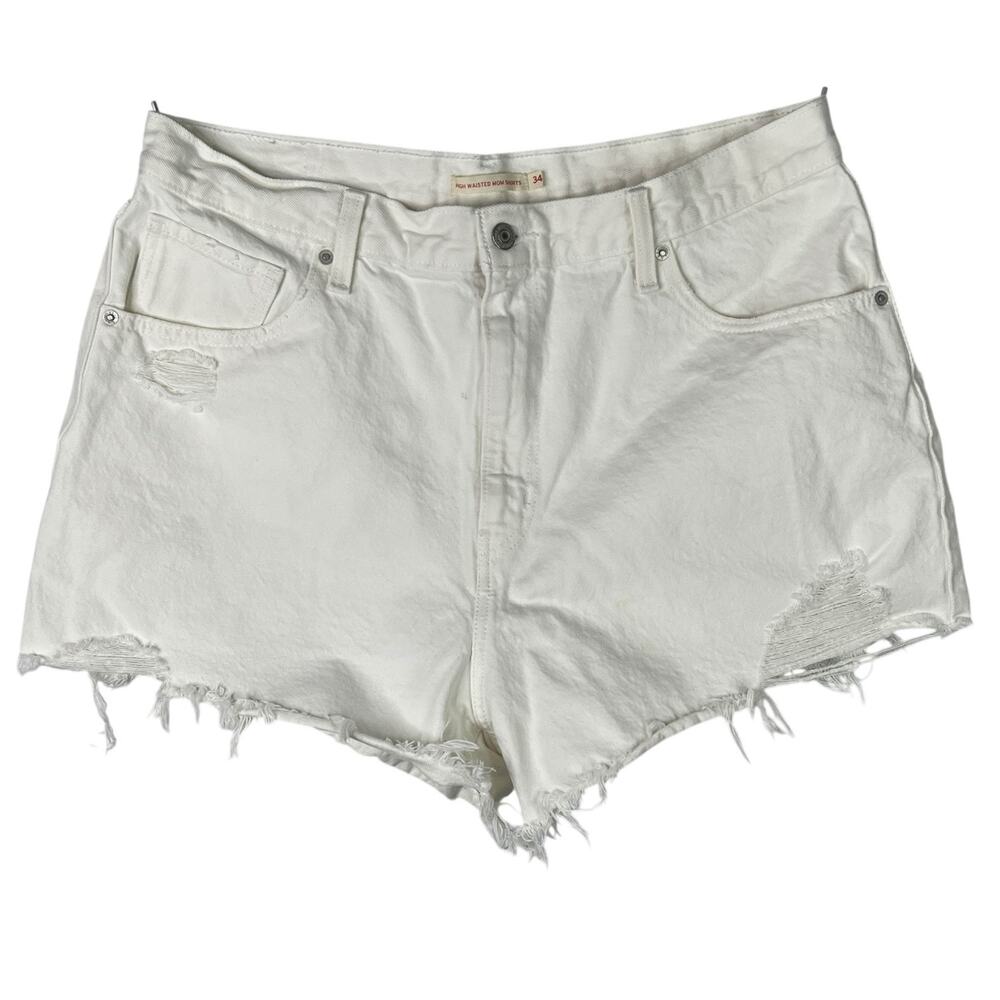 Levi’s High Waisted Mom Shorts Jean Denim White Distressed Frayed Cut Off 34